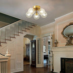 Modern Brass Five-Light Semi Flush Mount Ceiling Light with Clear Ribbed Glass Globe Bubbles