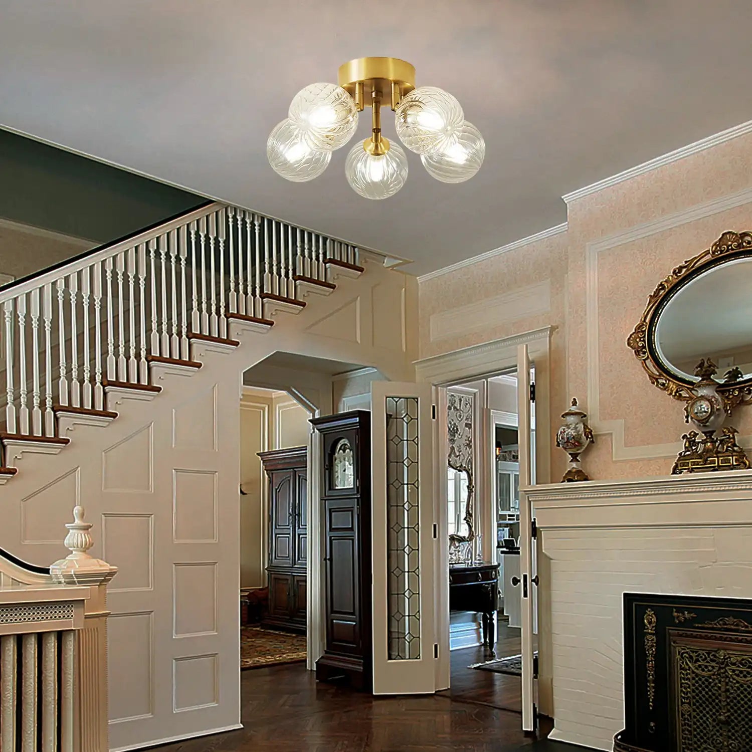 Modern Brass Five-Light Semi Flush Mount Ceiling Light with Clear Ribbed Glass Globe Bubbles