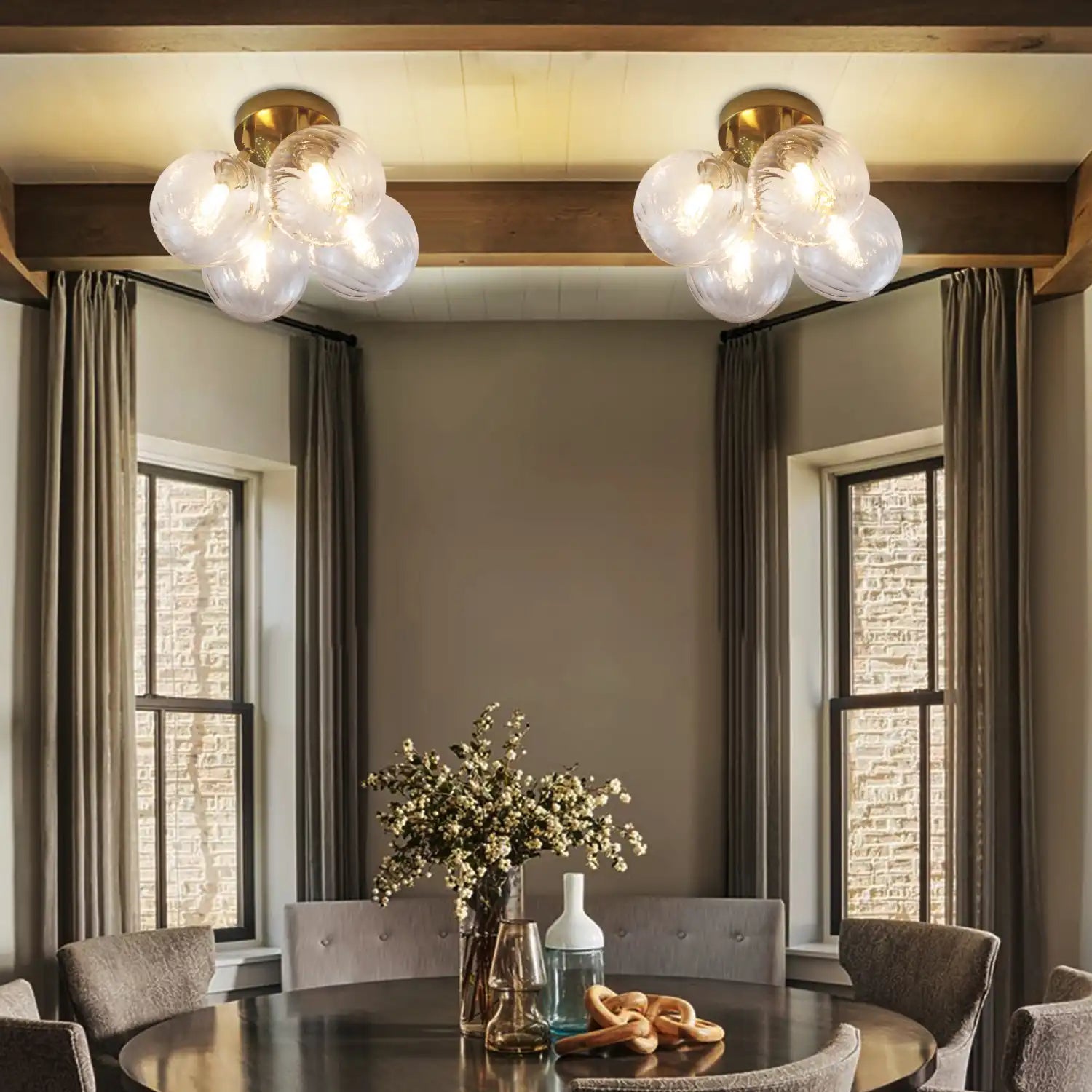 Modern Brass Four-Light Semi Flush Mount Ceiling Light with Clear Ribbed Glass Globe Bubbles