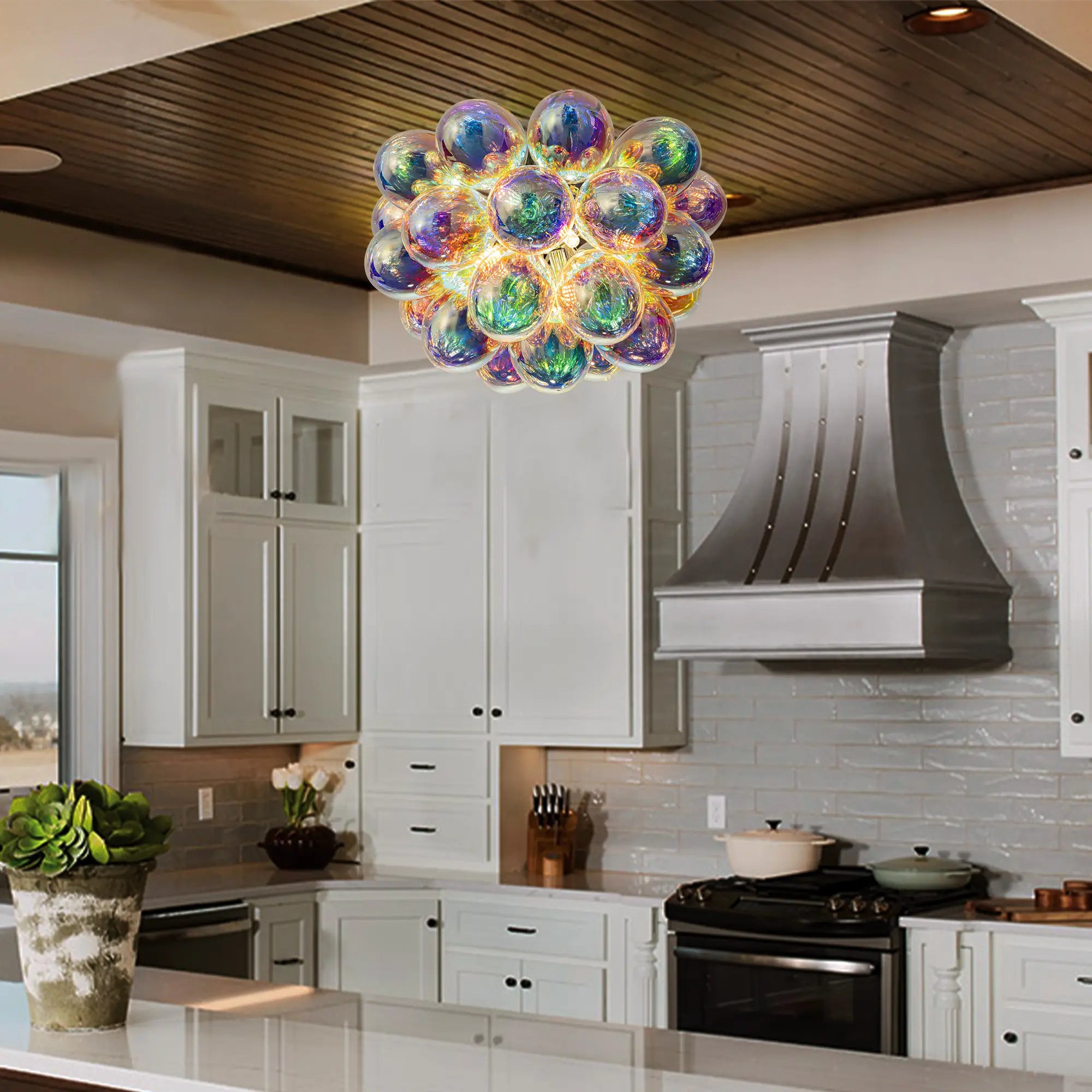 Modern Semi Flush Blown Glass Chandelier Minimalist Rainbow Bubble Cluster Ceiling Light