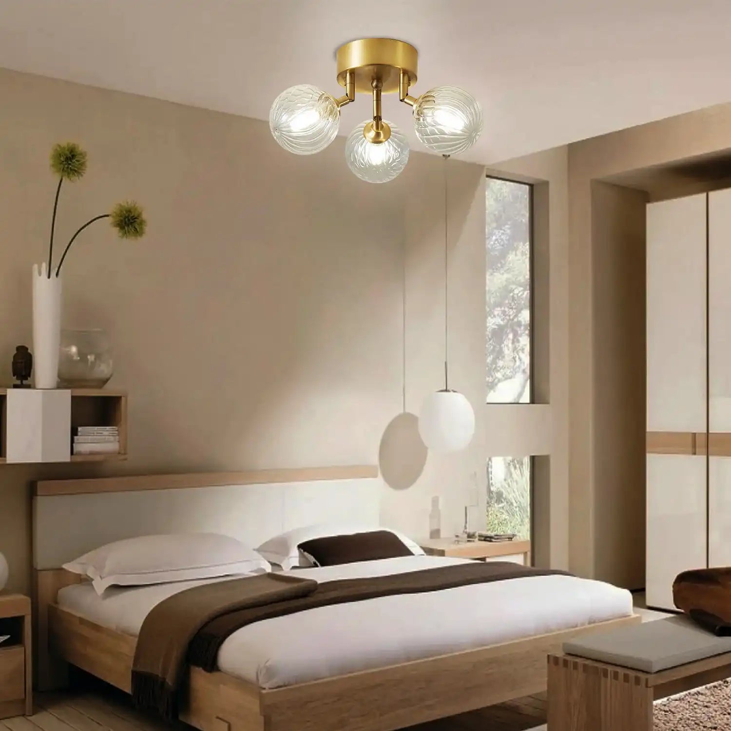 Modern Brass Semi Flush Mount 3-Header Ceiling Light with Clear Ribbed Glass Globe Bubbles