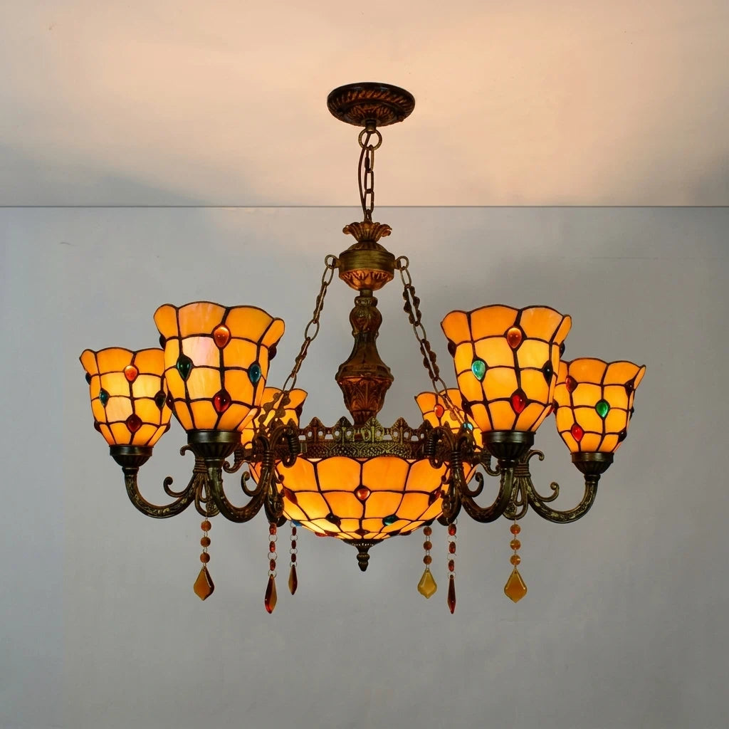 Yellow Tiffany-Style 5-Light Stained Glass Chandelier Vintage Amber Mosaic Glass Chandelier