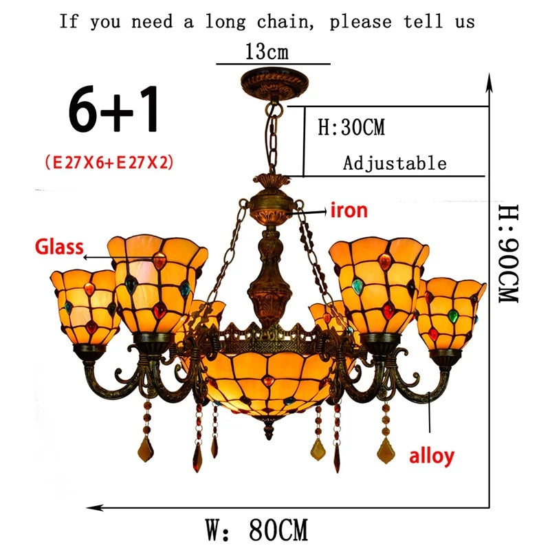 Yellow Tiffany-Style 5-Light Stained Glass Chandelier Vintage Amber Mosaic Glass Chandelier