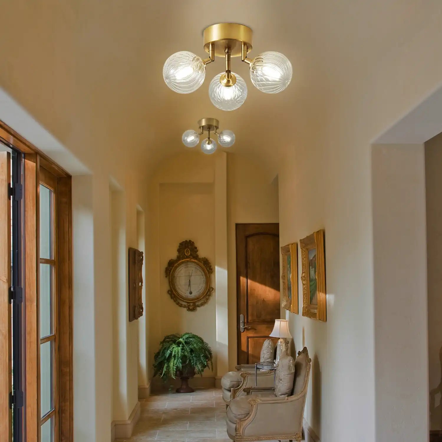 Modern Brass Semi Flush Mount 3-Header Ceiling Light with Clear Ribbed Glass Globe Bubbles
