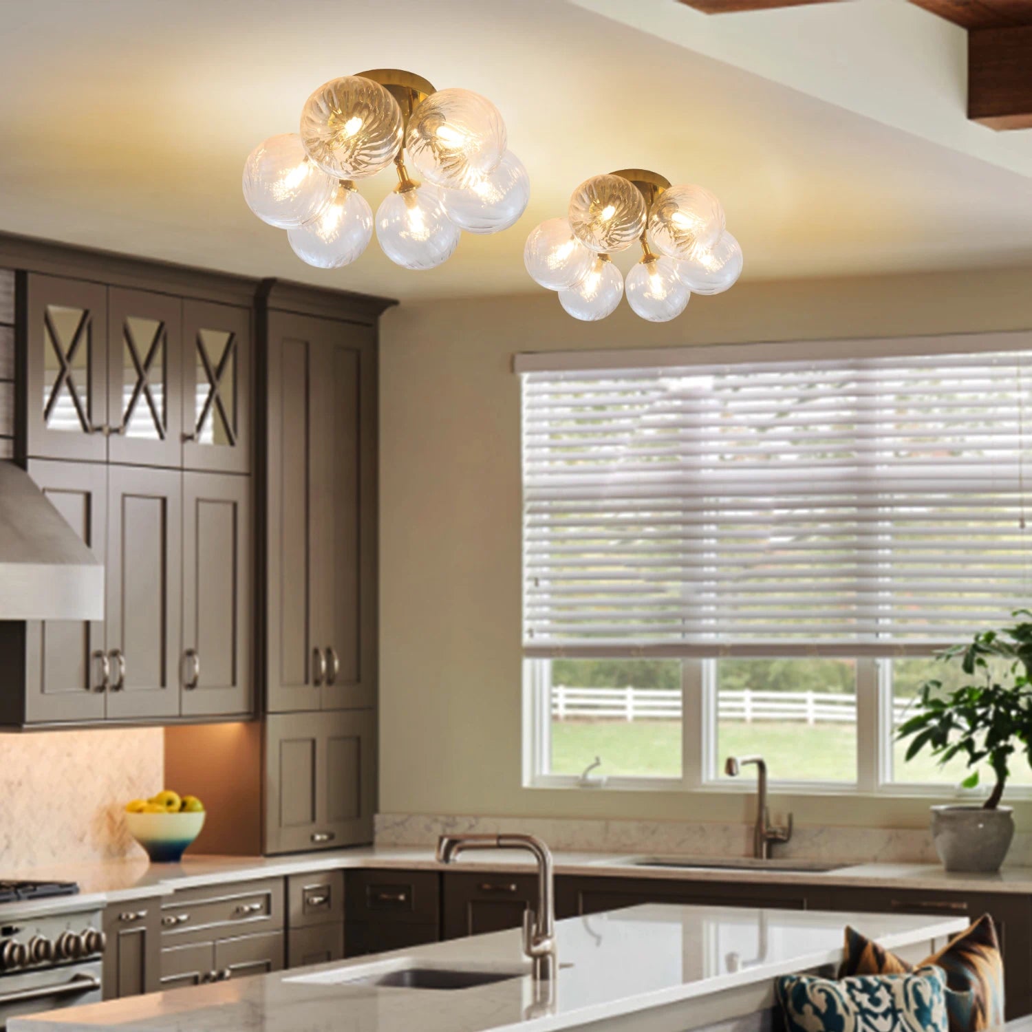 Modern Brass Six-Light Semi Flush Mount Ceiling Light with Clear Ribbed Glass Globe Bubbles