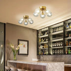 Modern Brass Five-Light Semi Flush Mount Ceiling Light with Clear Ribbed Glass Globe Bubbles