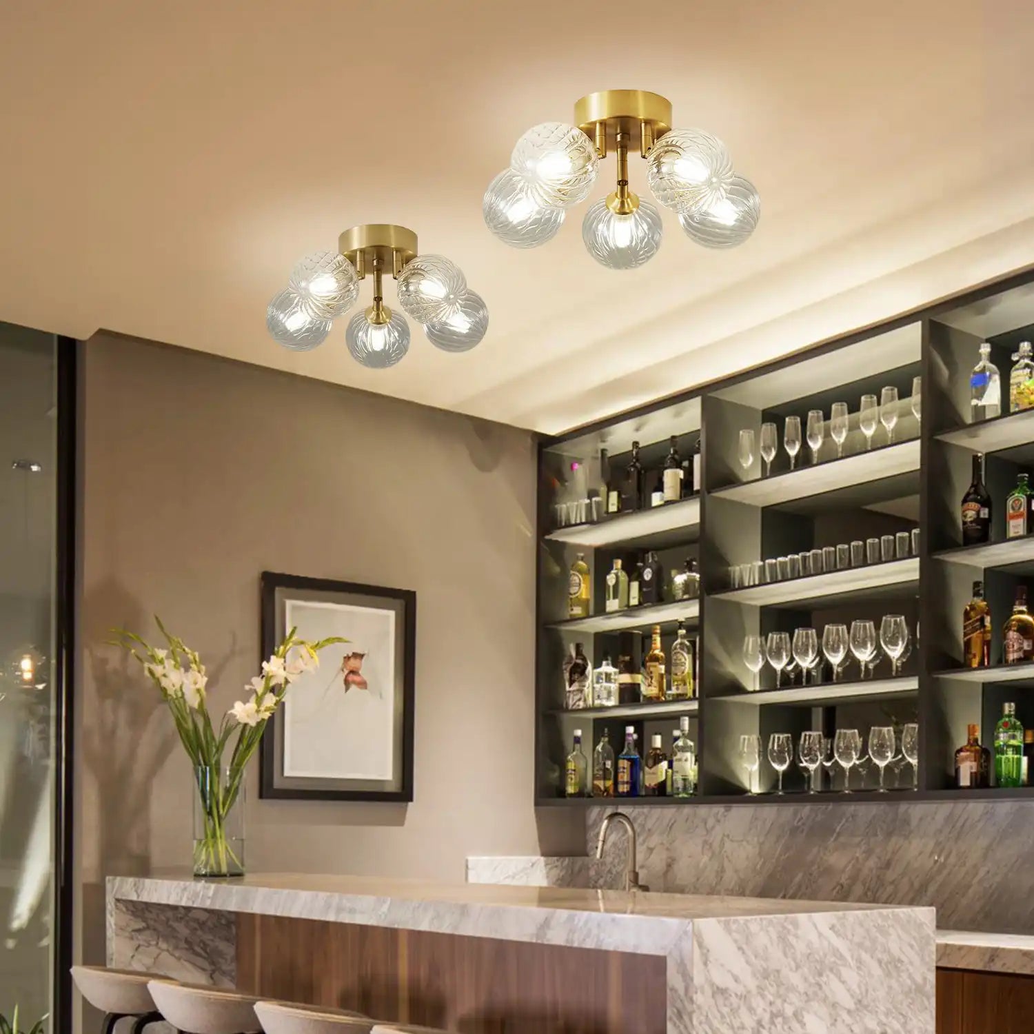 Modern Brass Five-Light Semi Flush Mount Ceiling Light with Clear Ribbed Glass Globe Bubbles