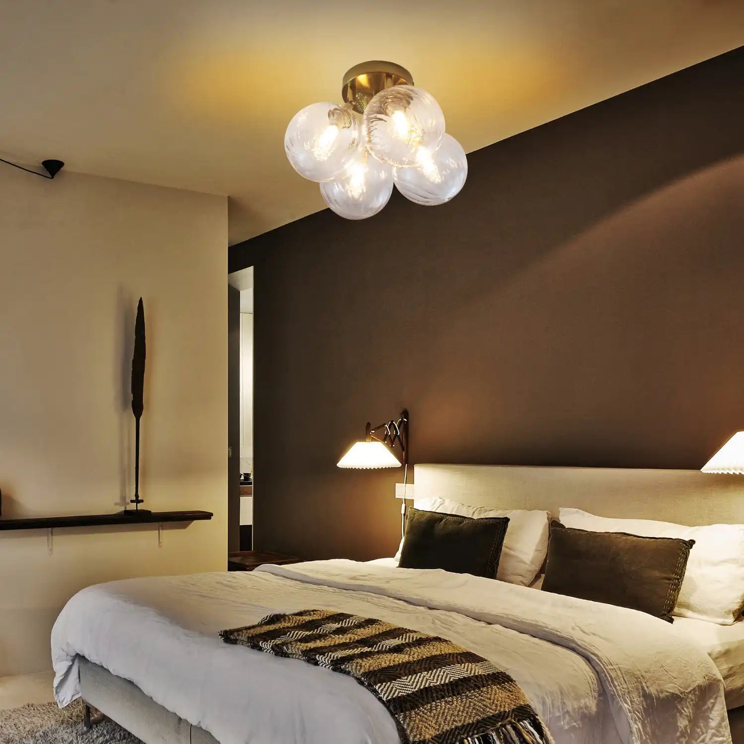 Modern Brass Four-Light Semi Flush Mount Ceiling Light with Clear Ribbed Glass Globe Bubbles