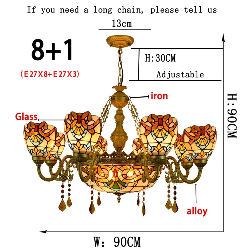 Large Tiffany-Style Stained Artwork Glass Chandelier Classic Floral Vintage Hanging Light Fixtures