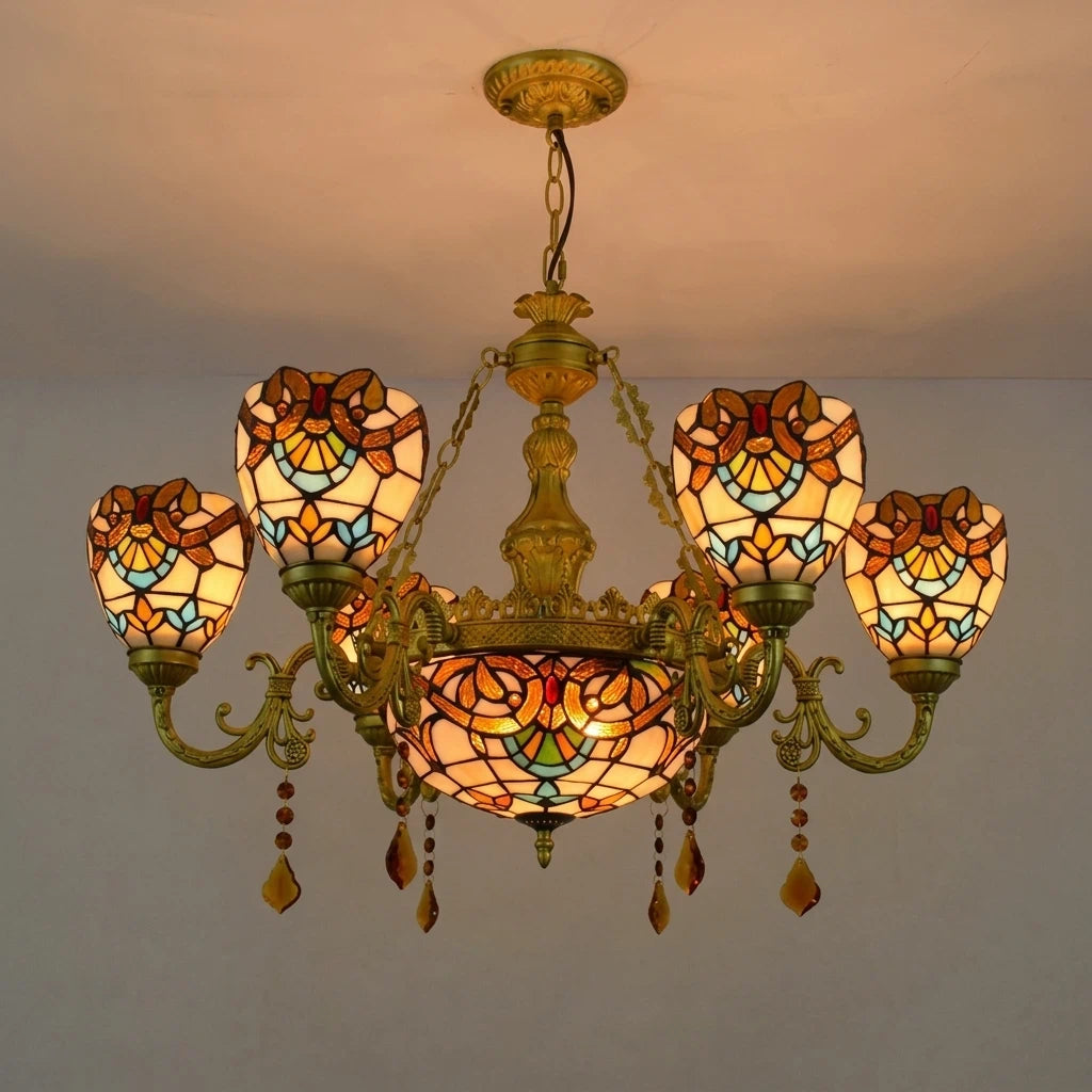 Large Tiffany-Style Stained Artwork Glass Chandelier Classic Floral Vintage Hanging Light Fixtures