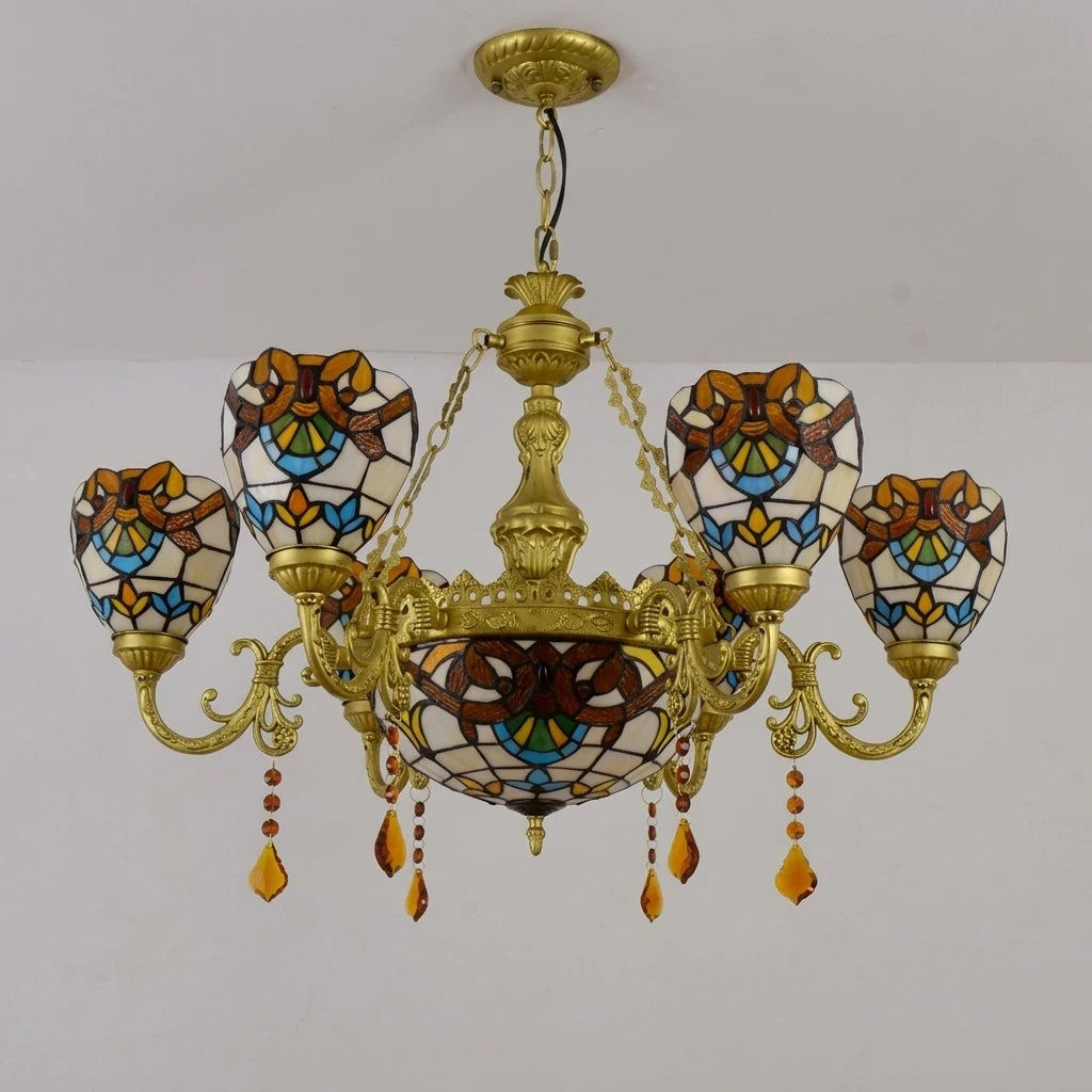 Large Tiffany-Style Stained Artwork Glass Chandelier Classic Floral Vintage Hanging Light Fixtures