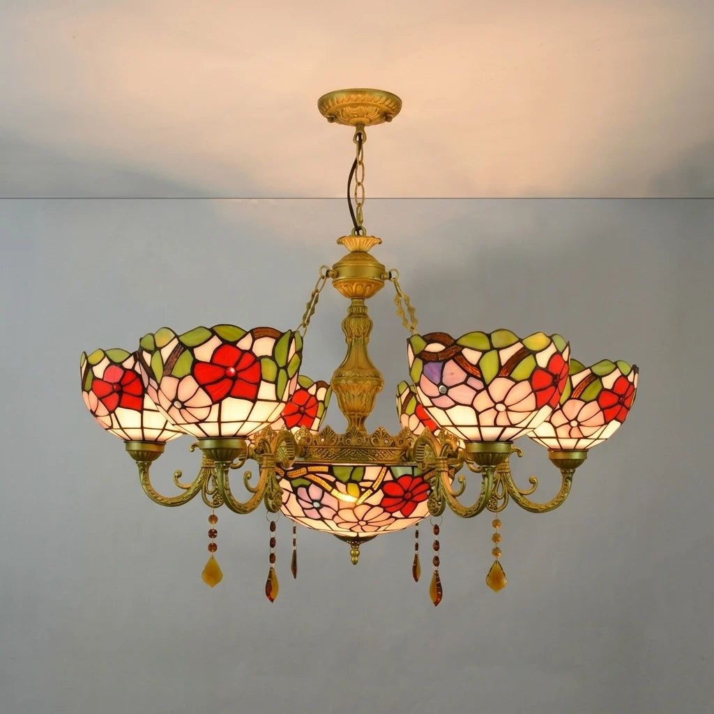 Vintage Tiffany-Style Stained Glass Chandelier Multicolor Mosaic Floral  Hanging Light Fixtures