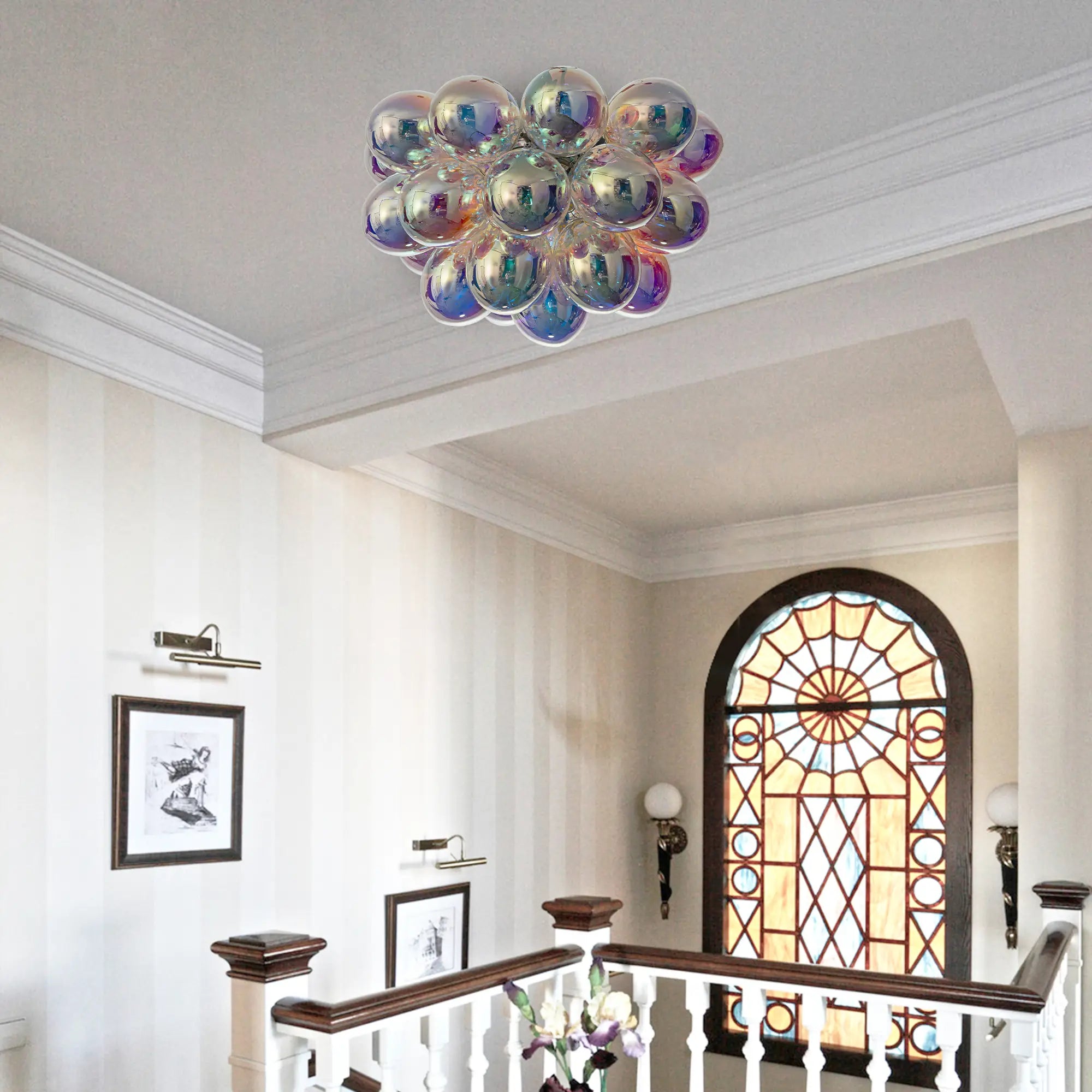 Modern Semi Flush Blown Glass Chandelier Minimalist Rainbow Bubble Cluster Ceiling Light