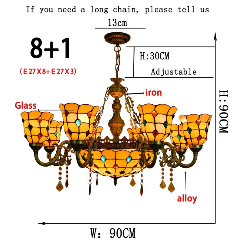 Yellow Tiffany-Style 5-Light Stained Glass Chandelier Vintage Amber Mosaic Glass Chandelier