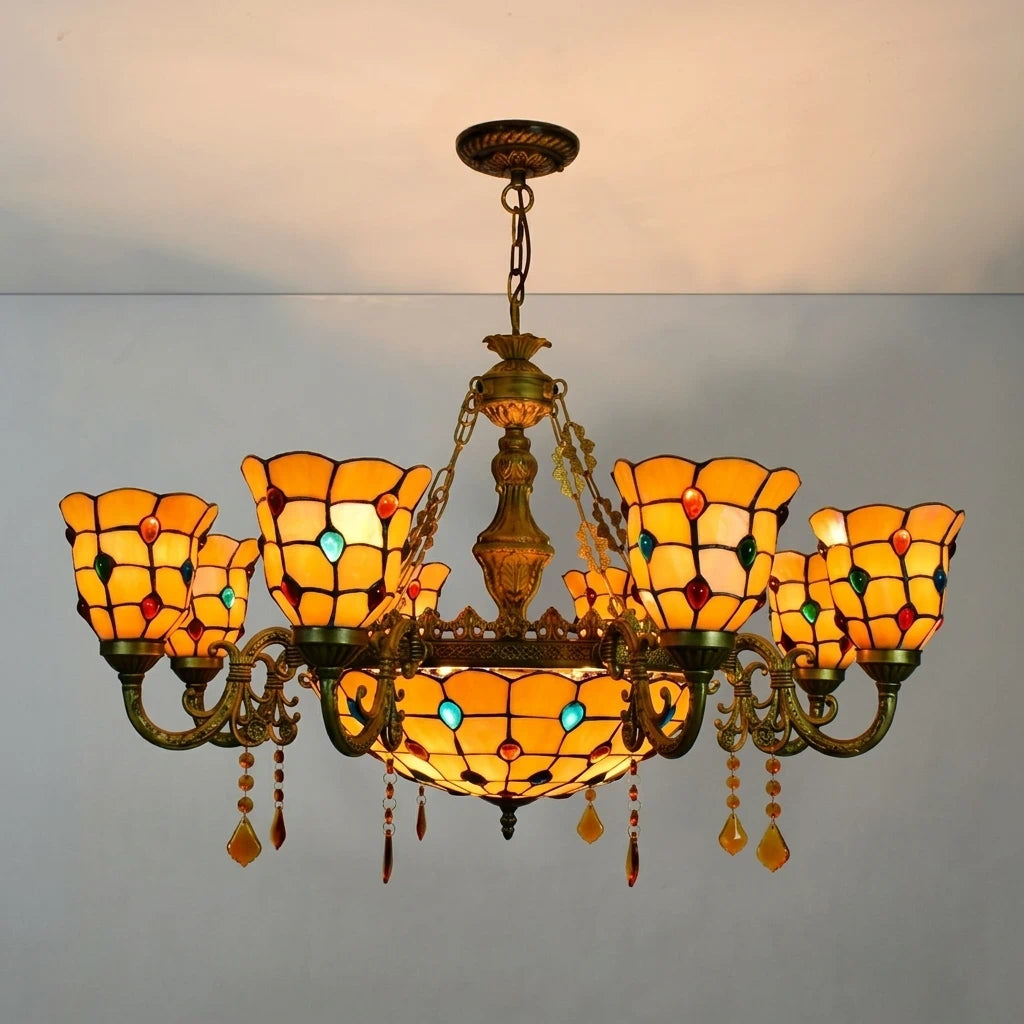 Yellow Tiffany-Style 5-Light Stained Glass Chandelier Vintage Amber Mosaic Glass Chandelier