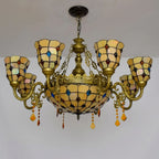 Yellow Tiffany-Style 5-Light Stained Glass Chandelier Vintage Amber Mosaic Glass Chandelier