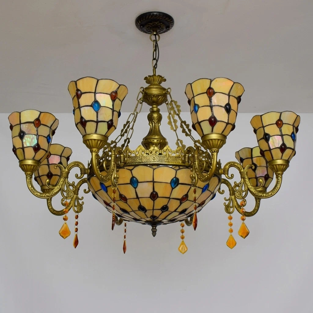 Yellow Tiffany-Style 5-Light Stained Glass Chandelier Vintage Amber Mosaic Glass Chandelier