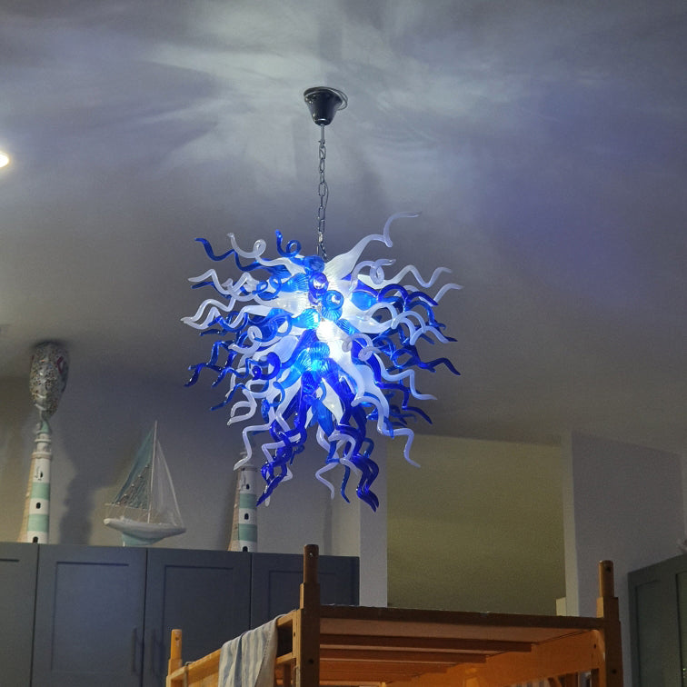 Blue & Clear Hand-Blown Glass Sculpture Chandelier Modern Art Glass Tentacle Pendant Light