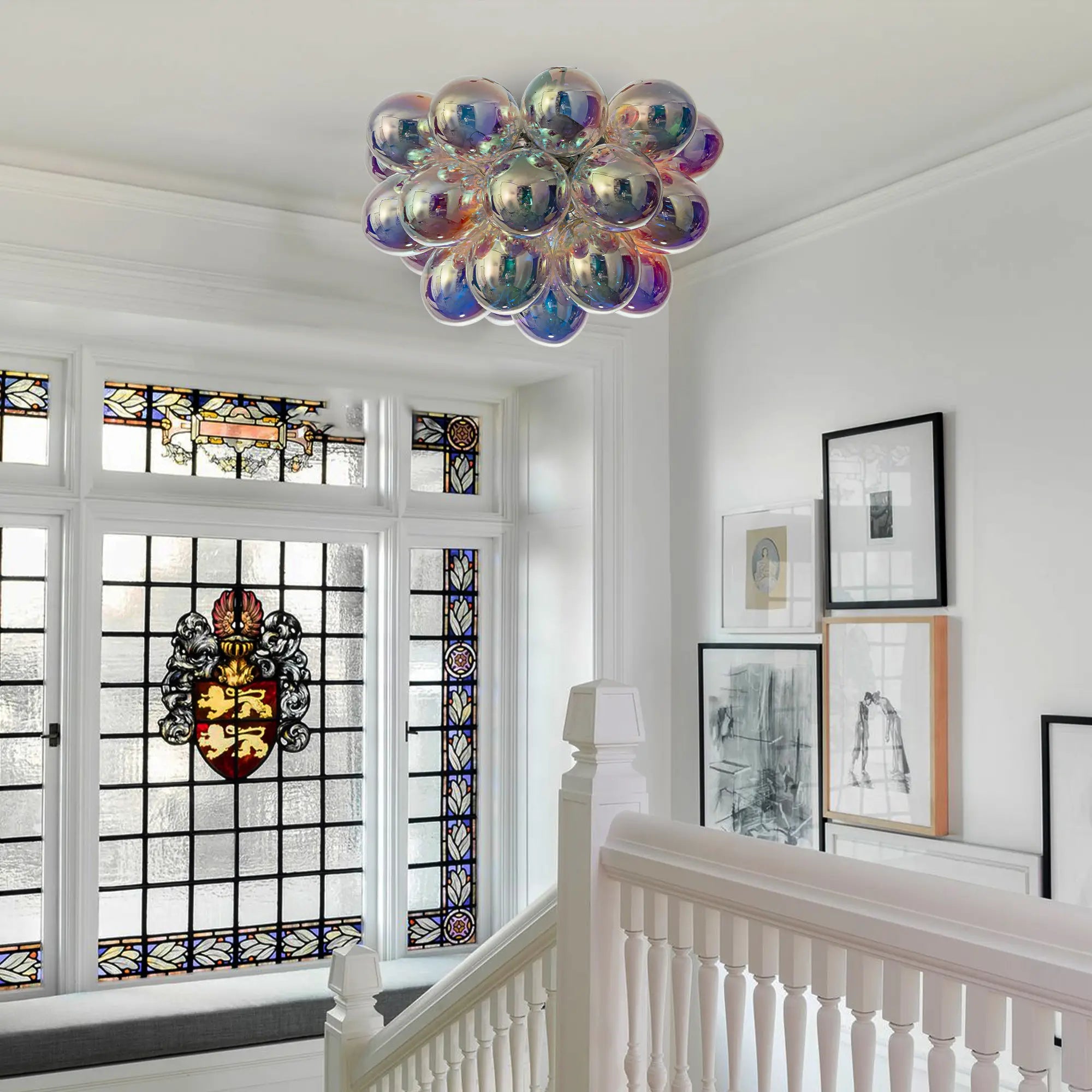 Modern Semi Flush Blown Glass Chandelier Minimalist Rainbow Bubble Cluster Ceiling Light