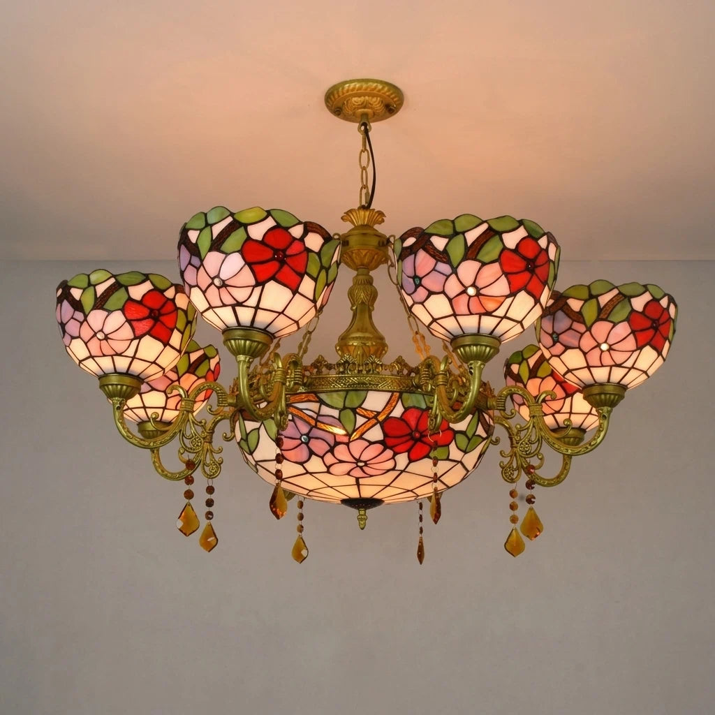 Vintage Tiffany-Style Stained Glass Chandelier Multicolor Mosaic Floral  Hanging Light Fixtures