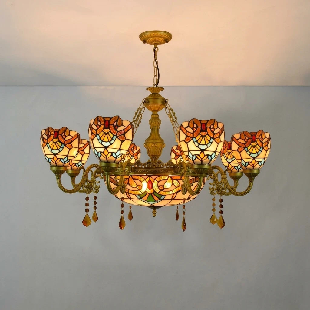 Large Tiffany-Style Stained Artwork Glass Chandelier Classic Floral Vintage Hanging Light Fixtures