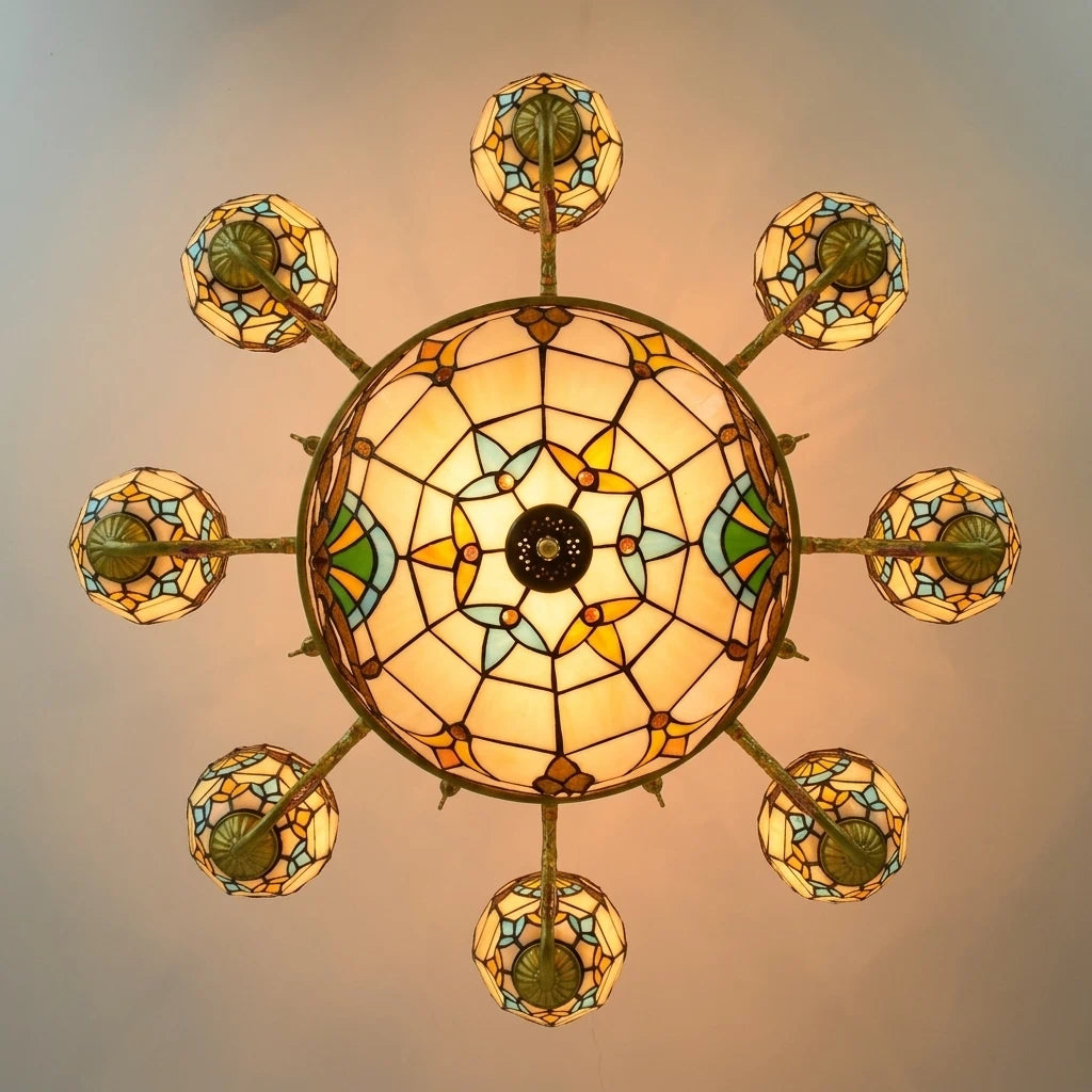 Large Tiffany-Style Stained Artwork Glass Chandelier Classic Floral Vintage Hanging Light Fixtures