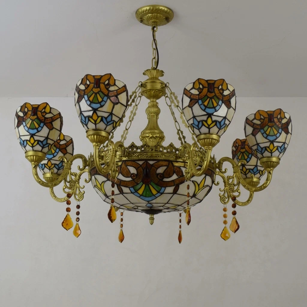 Large Tiffany-Style Stained Artwork Glass Chandelier Classic Floral Vintage Hanging Light Fixtures