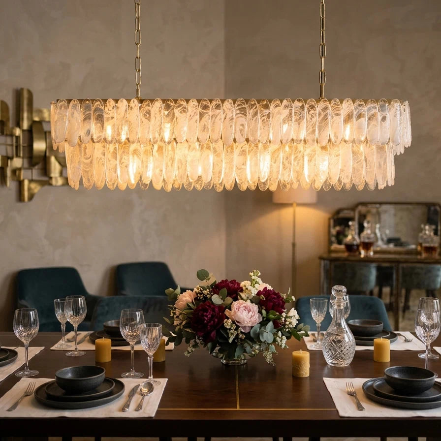 Verna Rectangle Linear Chandelier Tiered Murano Slump-Glass Panel Cluster Pendant Light For Dining Kitchen Island