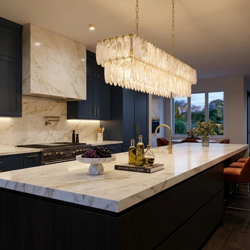Verna Rectangle Linear Chandelier Tiered Murano Slump-Glass Panel Cluster Pendant Light For Dining Kitchen Island