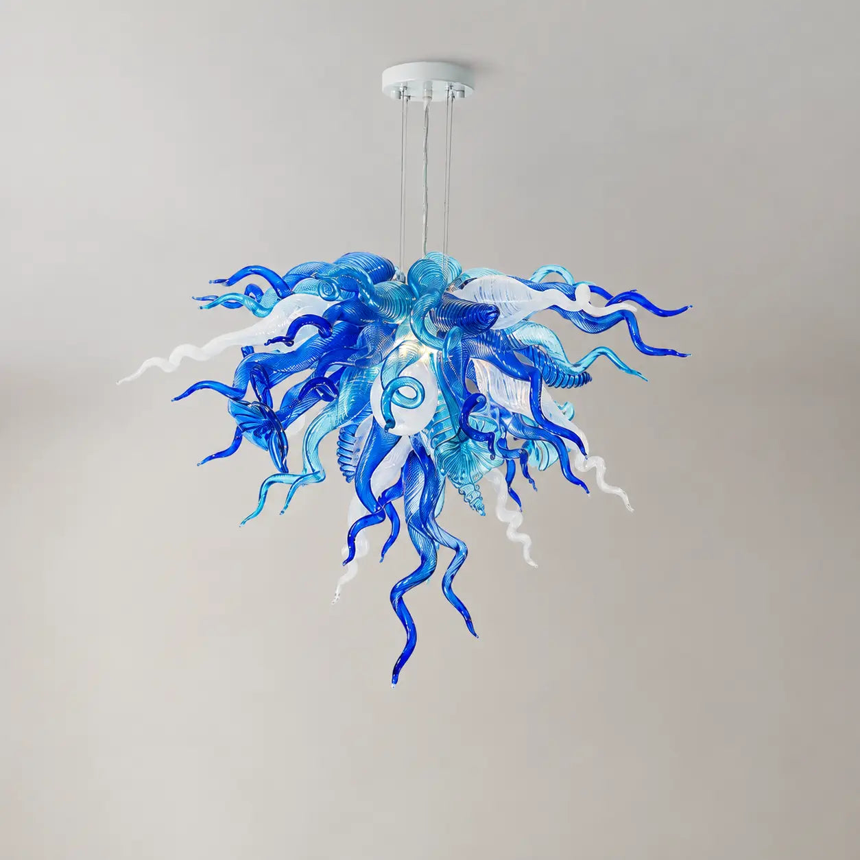Murano Style Blown Glass Art Chandelier Blue & White Sea Anemone Pendant Light