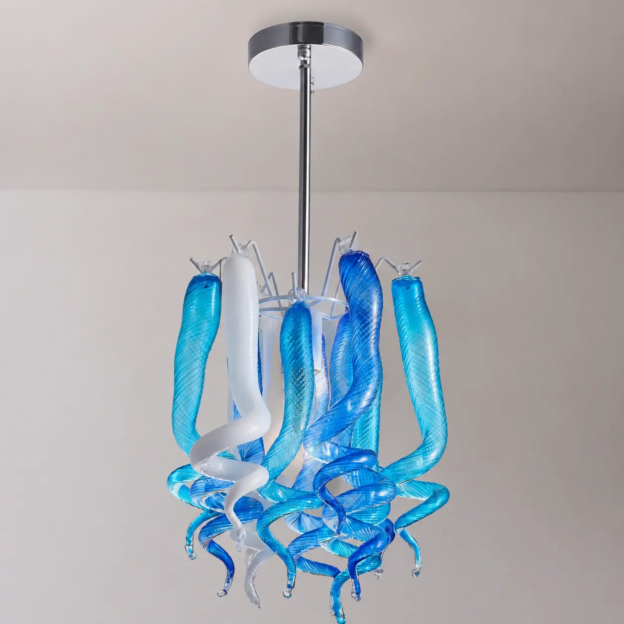 Small Modern Blue and White Hand-Blown Glass Pendant Light Artistic Spiral Chandelier for Contemporary Interiors
