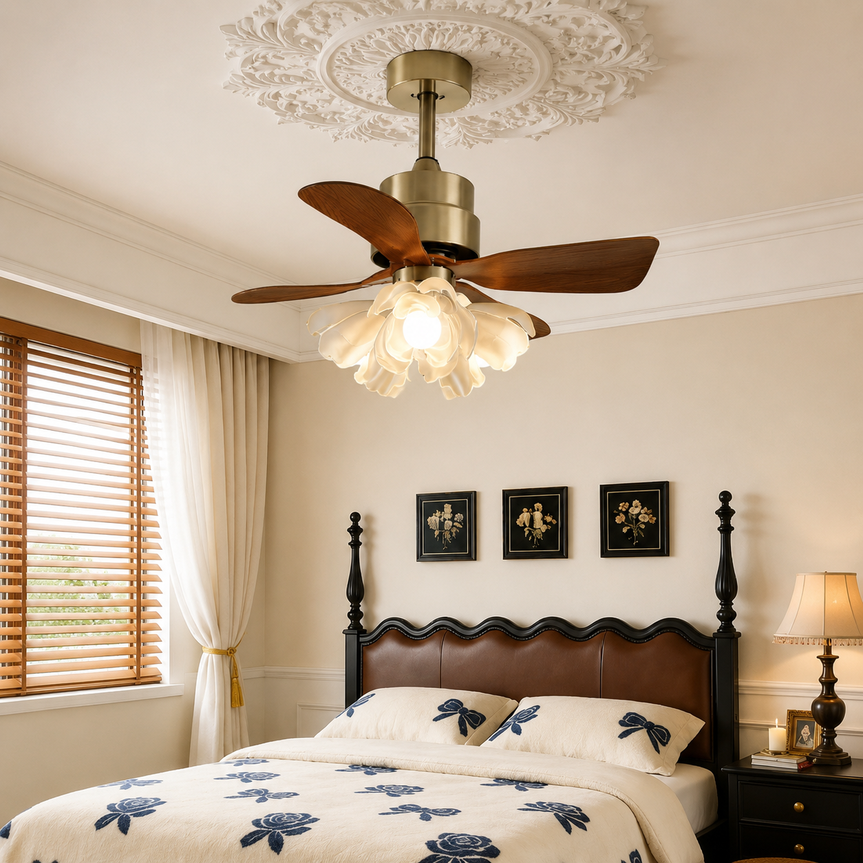 28 Inch Vintage Mid Century Low Profile Ceiling Fan with LED Light Lily Flower French Style Fandolier for Dining Bedroom Living