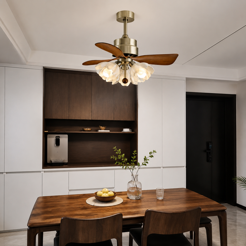 28 Inch Vintage Mid Century Low Profile Ceiling Fan with LED Light Lily Flower French Style Fandolier for Dining Bedroom Living