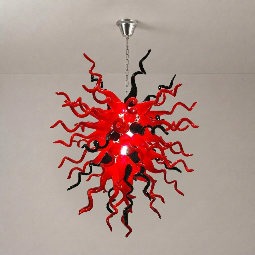 Statement Red & Black Hand-Blown Glass Chandelier Chihuly-Style Sculptural Art Pendant Light