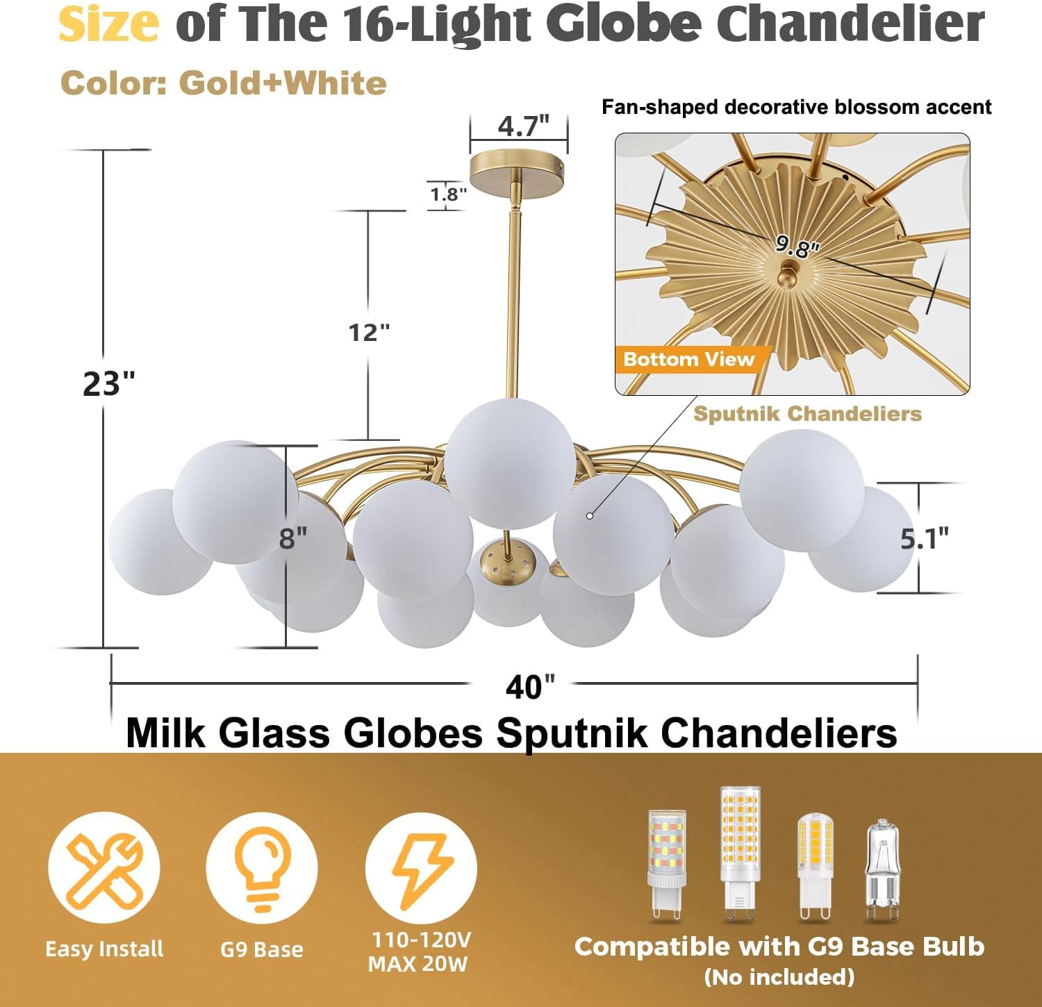 Gold Sputnik Glass Globe Chandelier Modern Bubble Pendant Light Fixture Contemporary Hanging Lamp For Dining Living