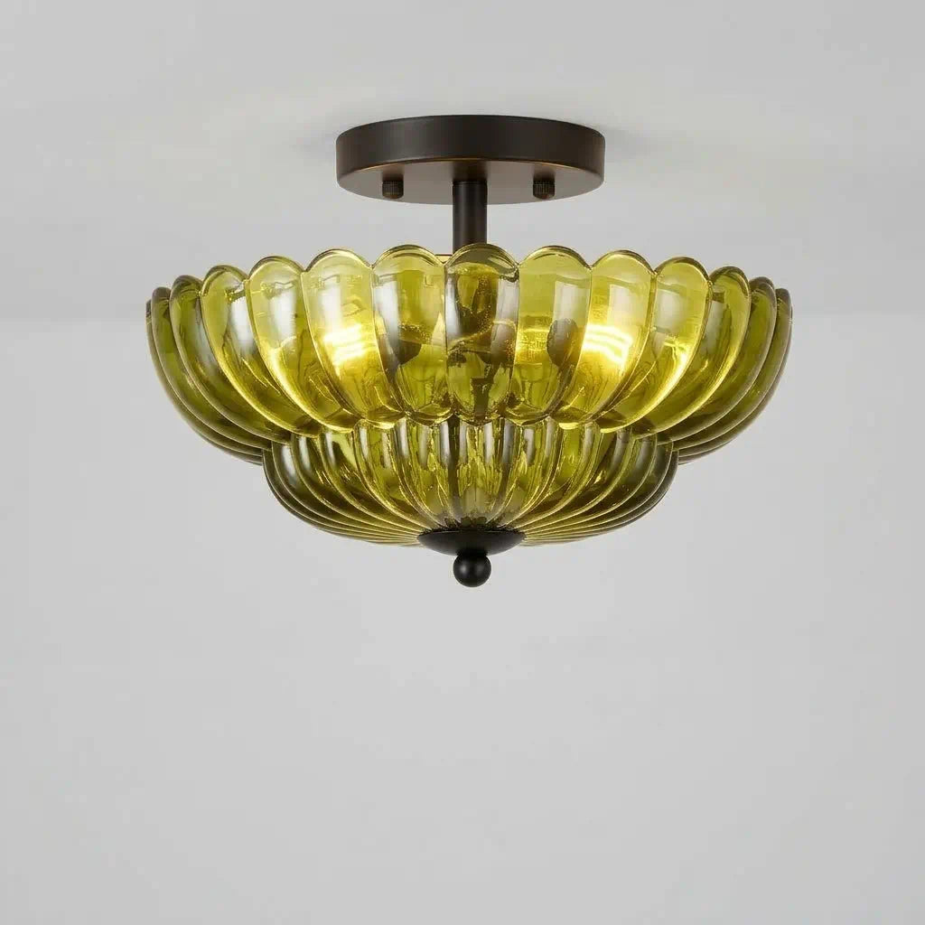 Green Glass Scalloped Flush Mount Ceiling Light 3-Light Modern Light Fixture Low Ceiling