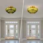 Green Glass Scalloped Flush Mount Ceiling Light 3-Light Modern Light Fixture Low Ceiling