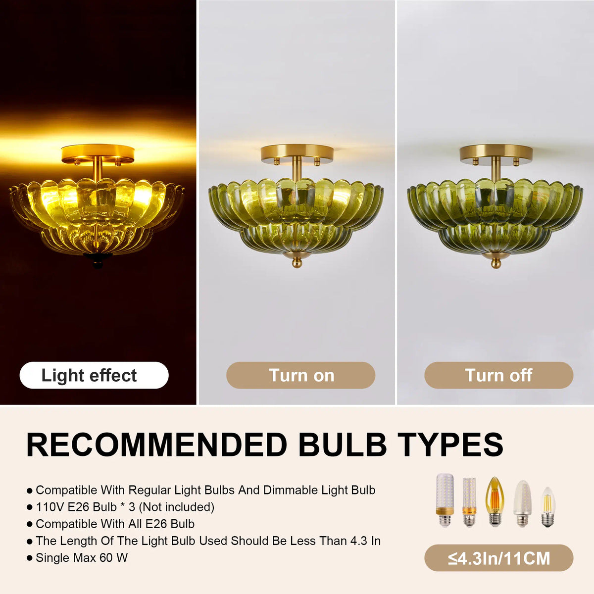 Green Glass Scalloped Flush Mount Ceiling Light 3-Light Modern Light Fixture Low Ceiling