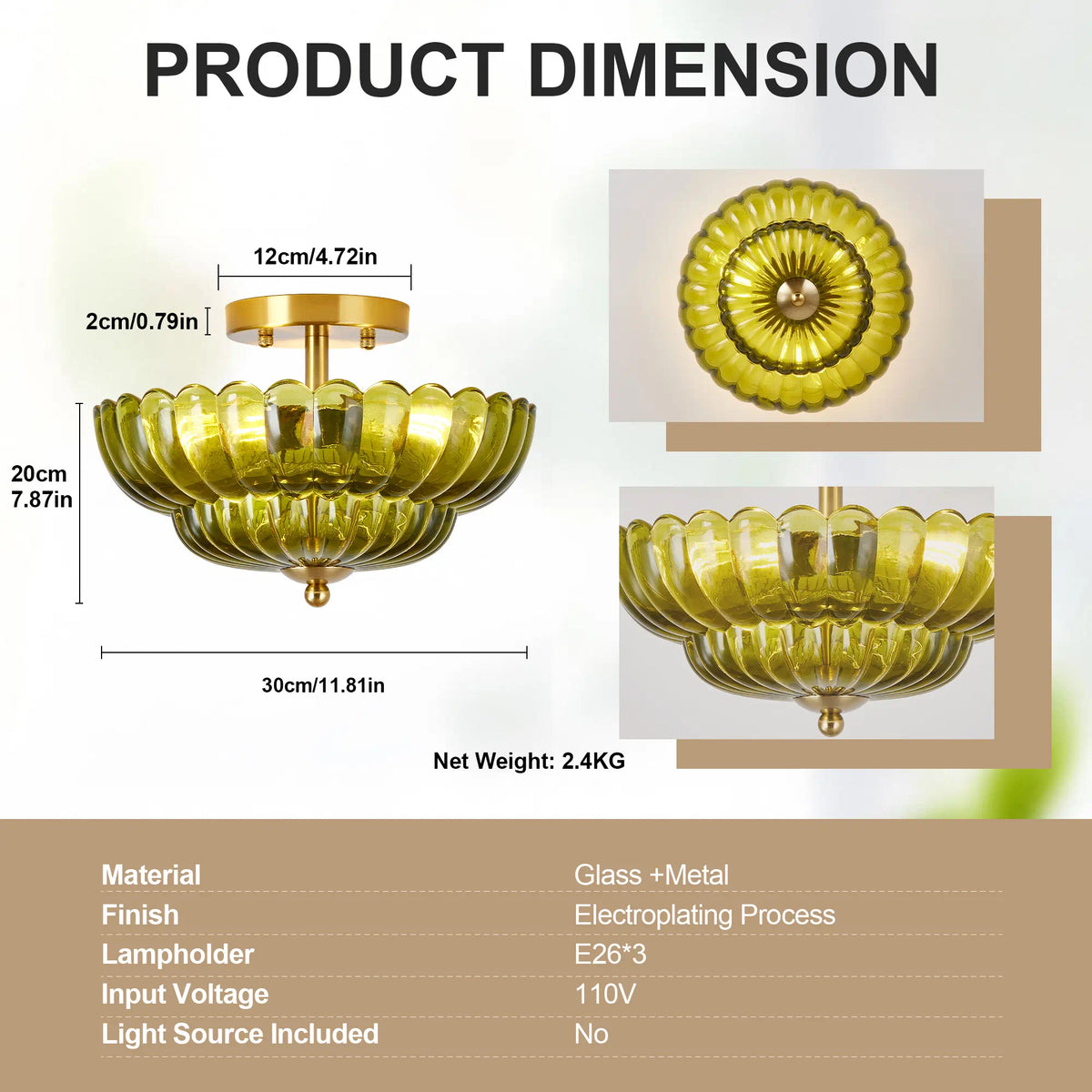 Green Glass Scalloped Flush Mount Ceiling Light 3-Light Modern Light Fixture Low Ceiling