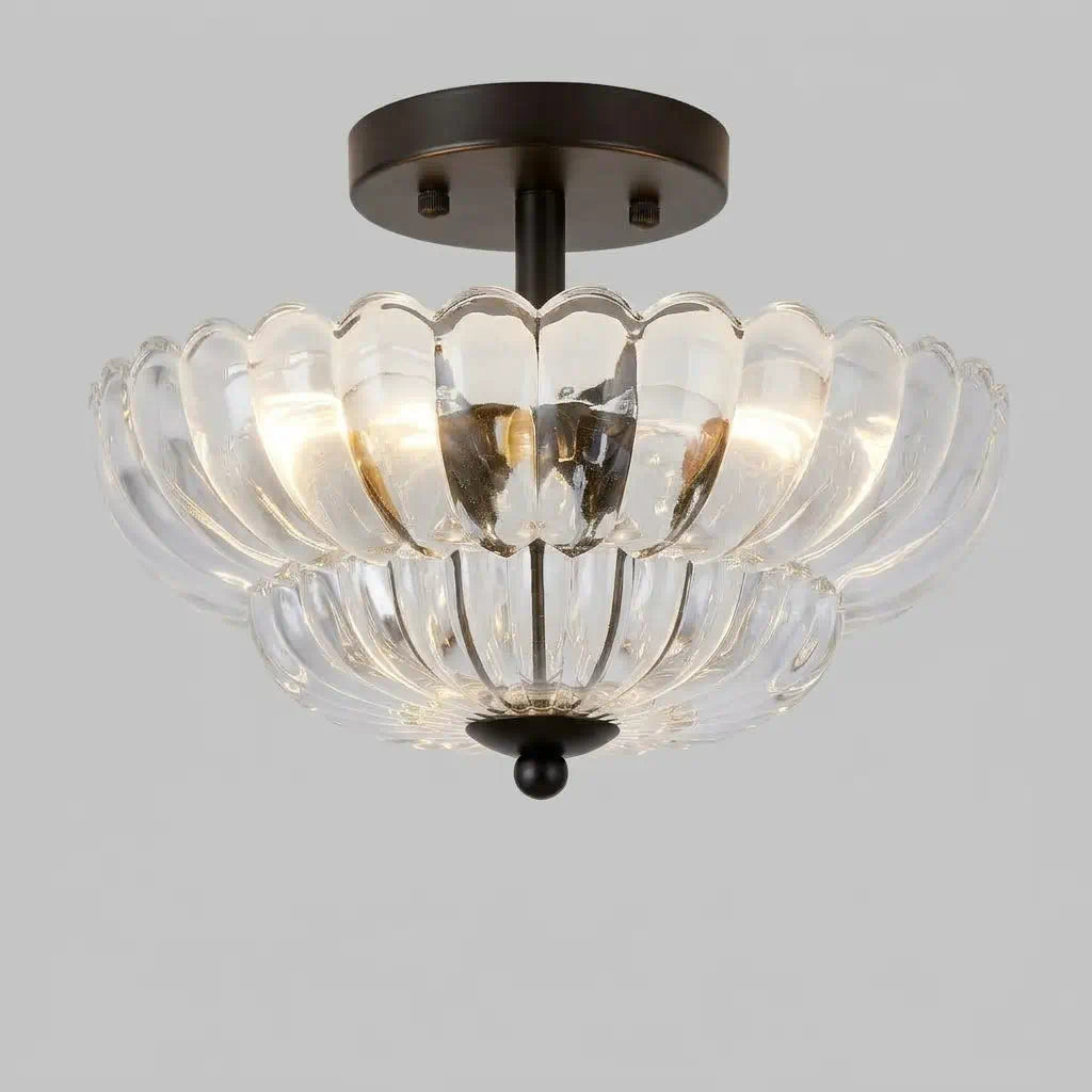 Green Glass Scalloped Flush Mount Ceiling Light 3-Light Modern Light Fixture Low Ceiling