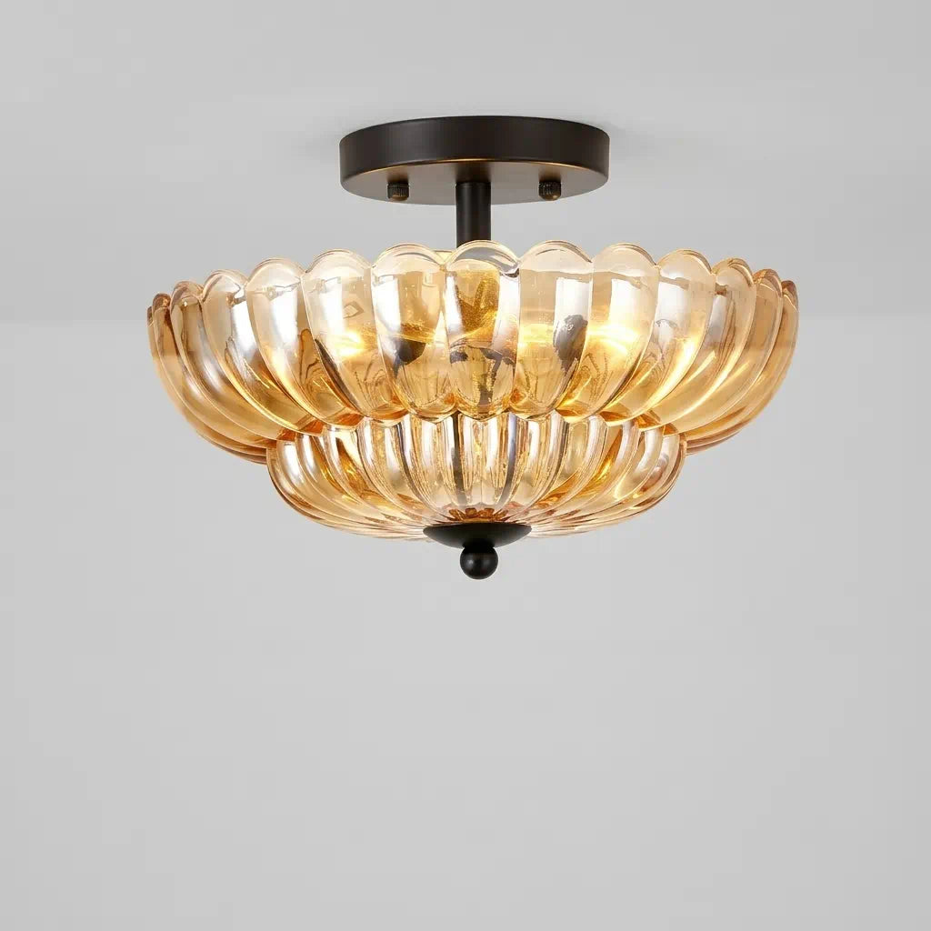 Green Glass Scalloped Flush Mount Ceiling Light 3-Light Modern Light Fixture Low Ceiling