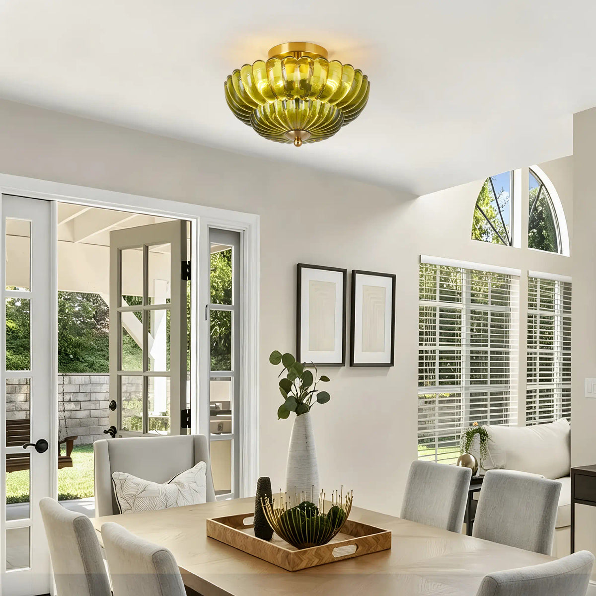 Green Glass Scalloped Flush Mount Ceiling Light 3-Light Modern Light Fixture Low Ceiling