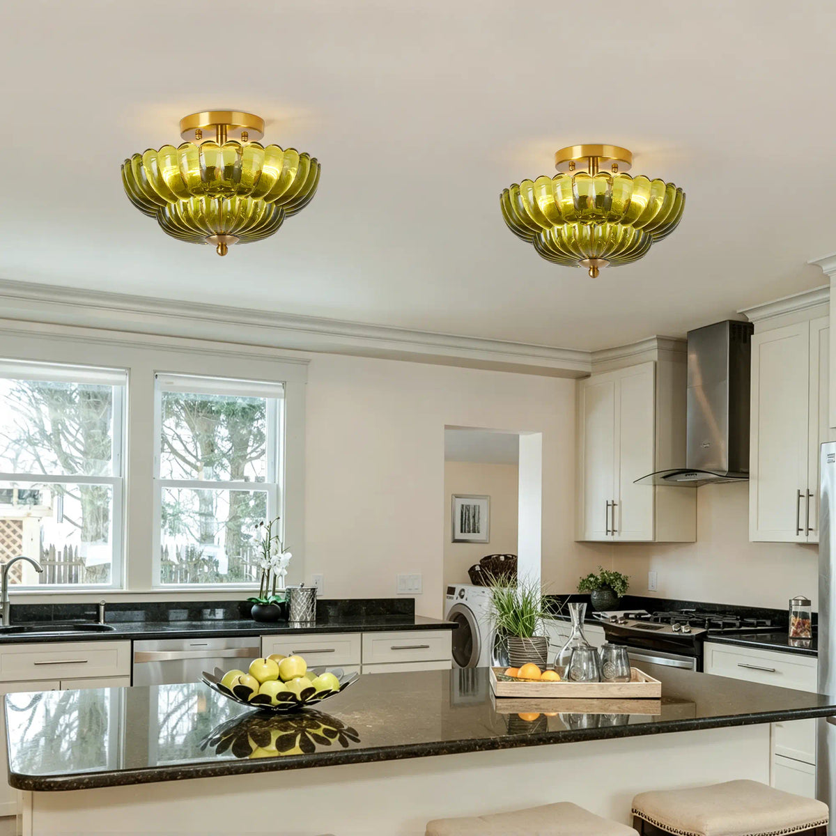 Green Glass Scalloped Flush Mount Ceiling Light 3-Light Modern Light Fixture Low Ceiling