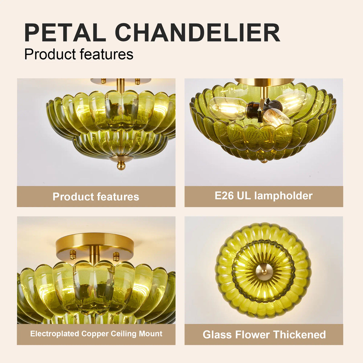 Green Glass Scalloped Flush Mount Ceiling Light 3-Light Modern Light Fixture Low Ceiling