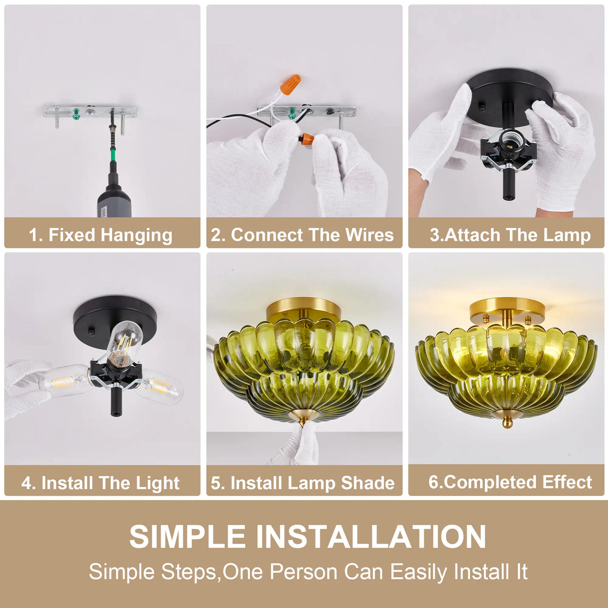 Green Glass Scalloped Flush Mount Ceiling Light 3-Light Modern Light Fixture Low Ceiling