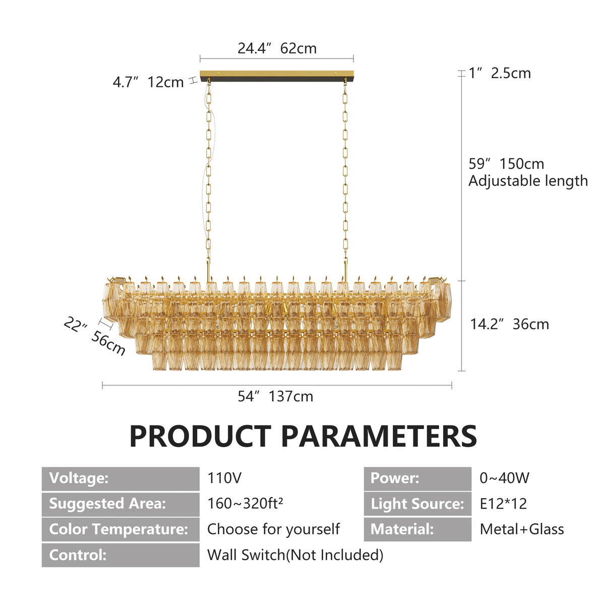 Tronchi Large 12-Light Amber Gold Rectangular Chandelier Tatayosi Tiered Smoke Blown Glass Pendant Light For Kitchen Island