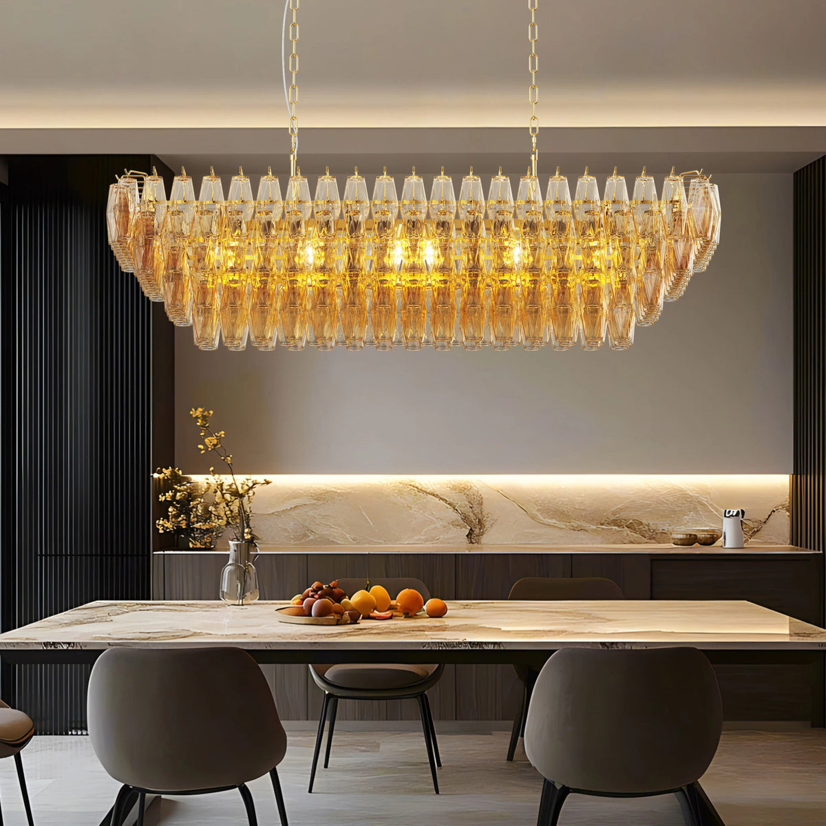 Tronchi Large 12-Light Amber Gold Rectangular Chandelier Tatayosi Tiered Smoke Blown Glass Pendant Light For Kitchen Island