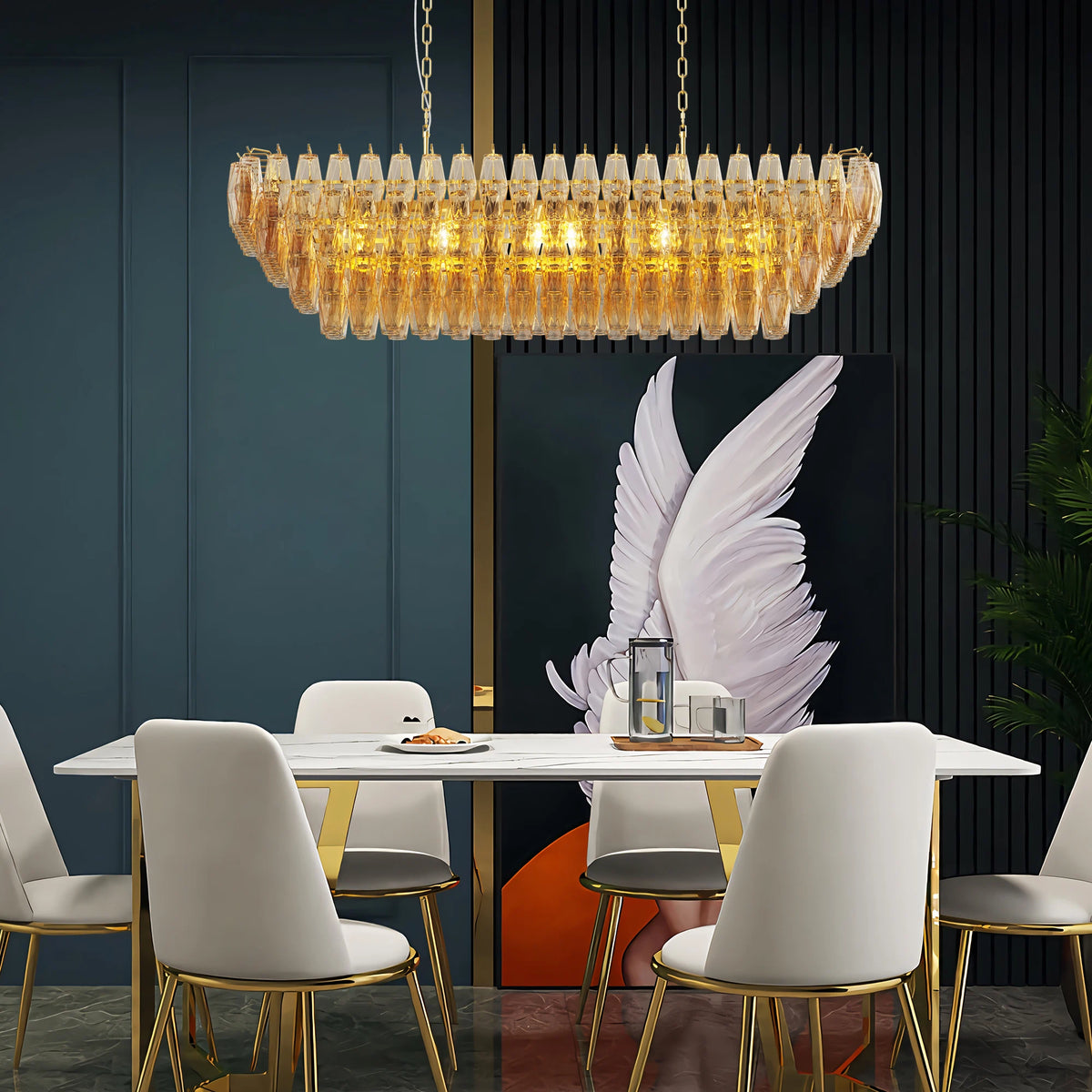 Tronchi Large 12-Light Amber Gold Rectangular Chandelier Tatayosi Tiered Smoke Blown Glass Pendant Light For Kitchen Island
