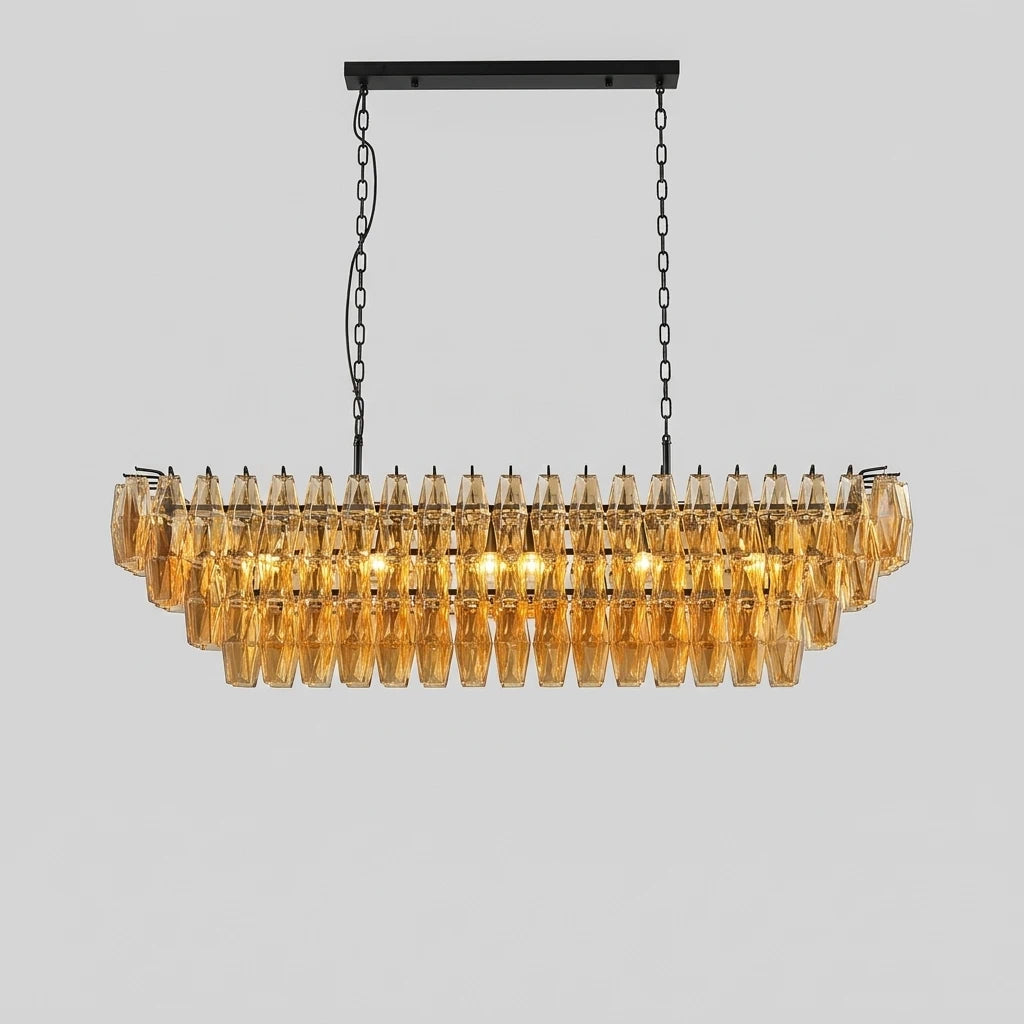 Tronchi Large 12-Light Amber Gold Rectangular Chandelier Tatayosi Tiered Smoke Blown Glass Pendant Light For Kitchen Island