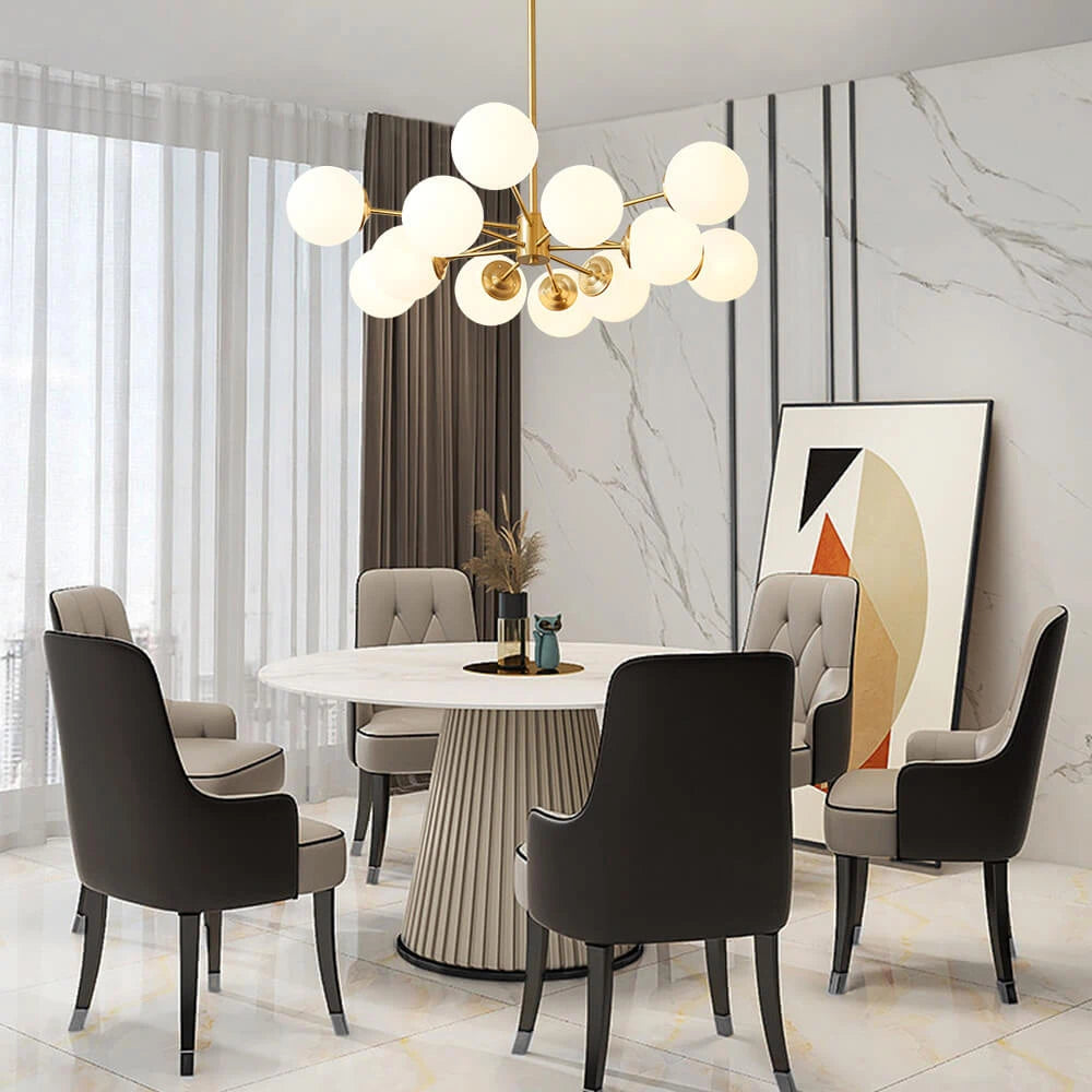 Modern Milky White Glass Bubble Chandelier Opal Glass Globe Sputnik Pendant Light with Glod Metal Frame